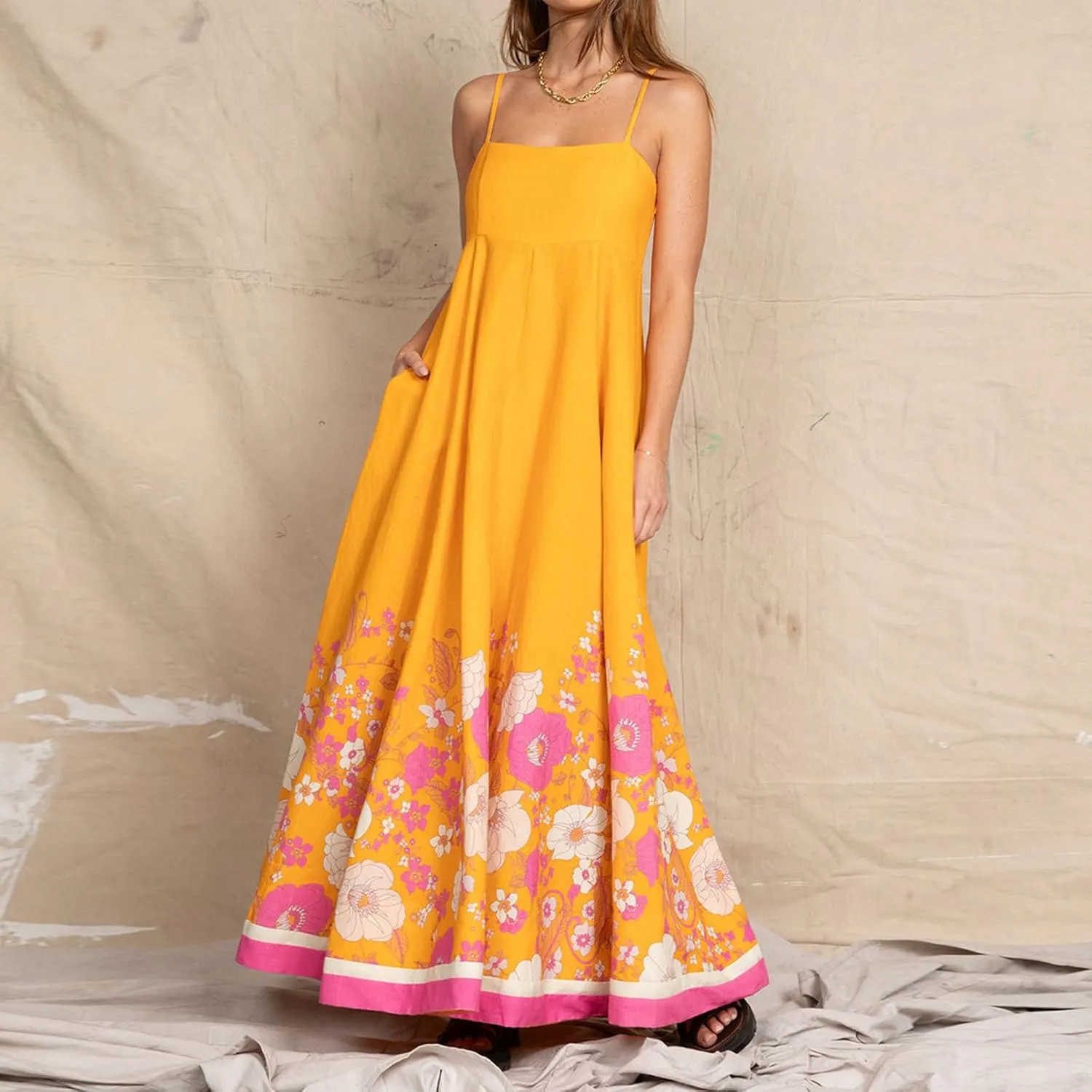 FEORJGP Womens Summer Spaghetti Strap Long Dress Boho Low Cut Dress Backless Flowy Midi Dress Bohemian Maxi Dresses Beachwear