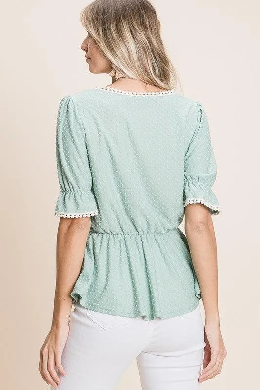 FINAL SALE -  Mint Crochet Lace Trim Swiss Dot Ruffle Top