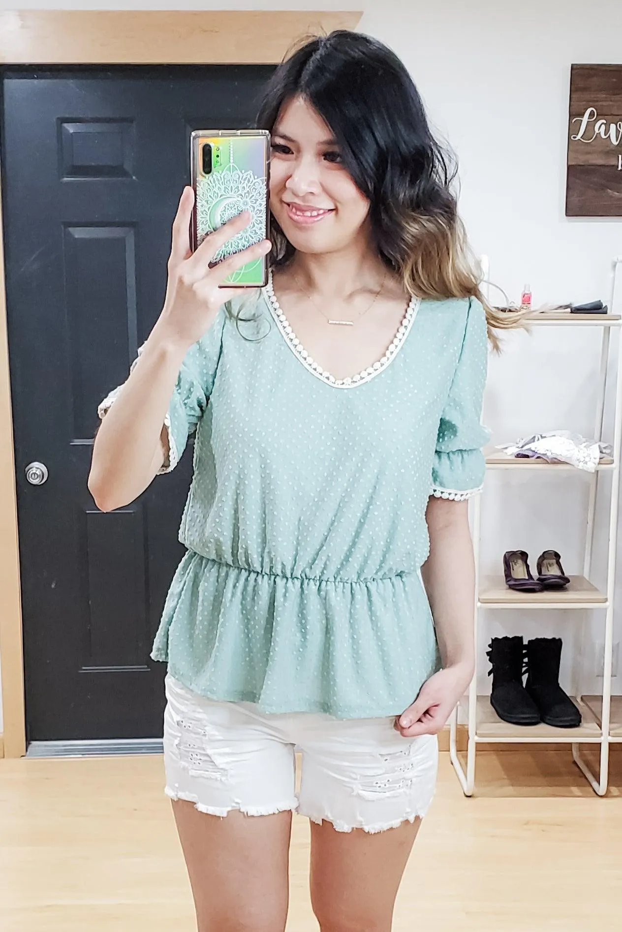 FINAL SALE -  Mint Crochet Lace Trim Swiss Dot Ruffle Top