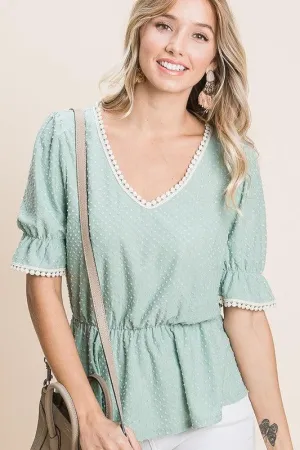 FINAL SALE -  Mint Crochet Lace Trim Swiss Dot Ruffle Top