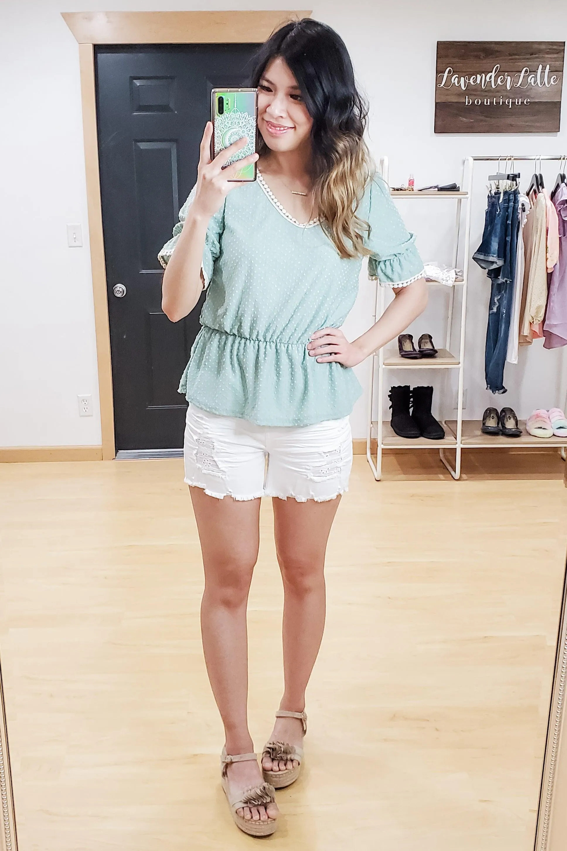 FINAL SALE -  Mint Crochet Lace Trim Swiss Dot Ruffle Top