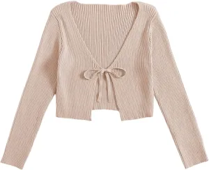 Floerns Women's Tie Front Long Sleeve Rib Knit Shrug Sweaters Cardigan Crop Top