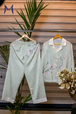 Floral Bliss Nightwear Set with Delicate Collar Pattern and Full-Length Pants