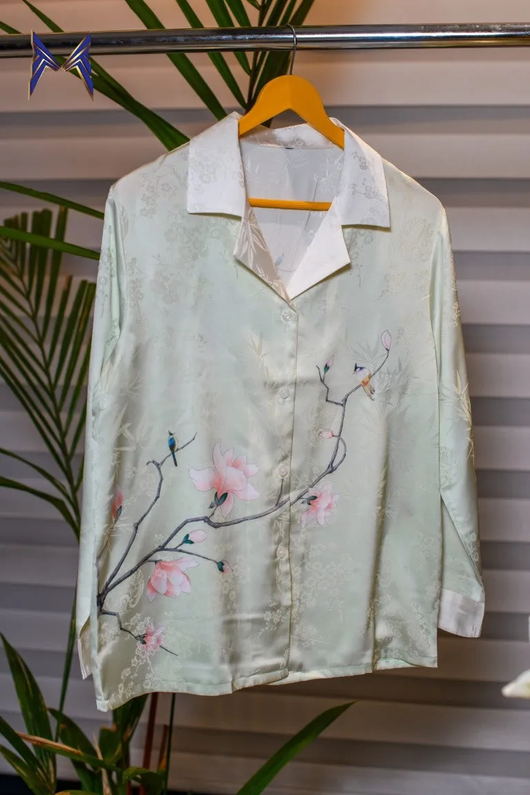 Floral Bliss Nightwear Set with Delicate Collar Pattern and Full-Length Pants