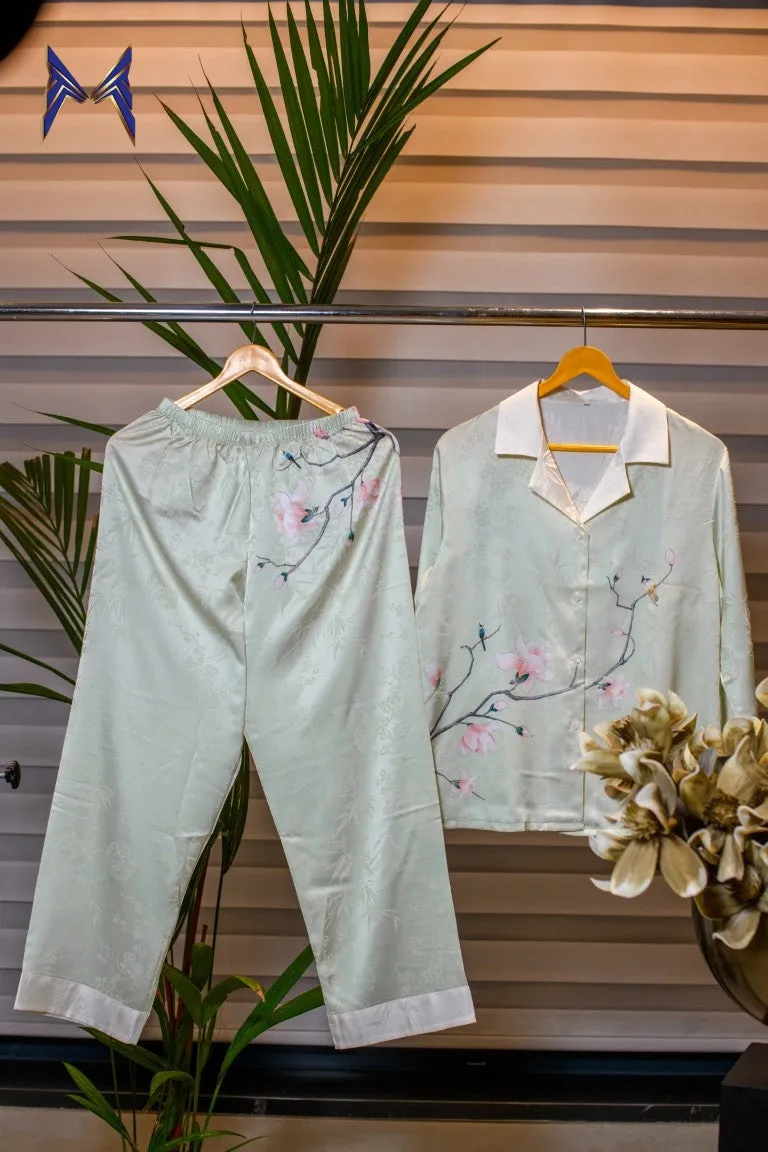 Floral Bliss Nightwear Set with Delicate Collar Pattern and Full-Length Pants
