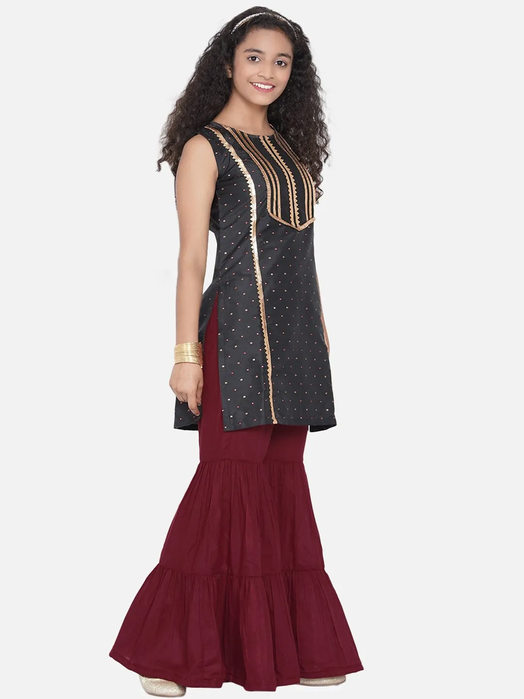Girl's Black Printed Regular Gotta Patti Kurta with Sharara - NOZ2TOZ KIDS