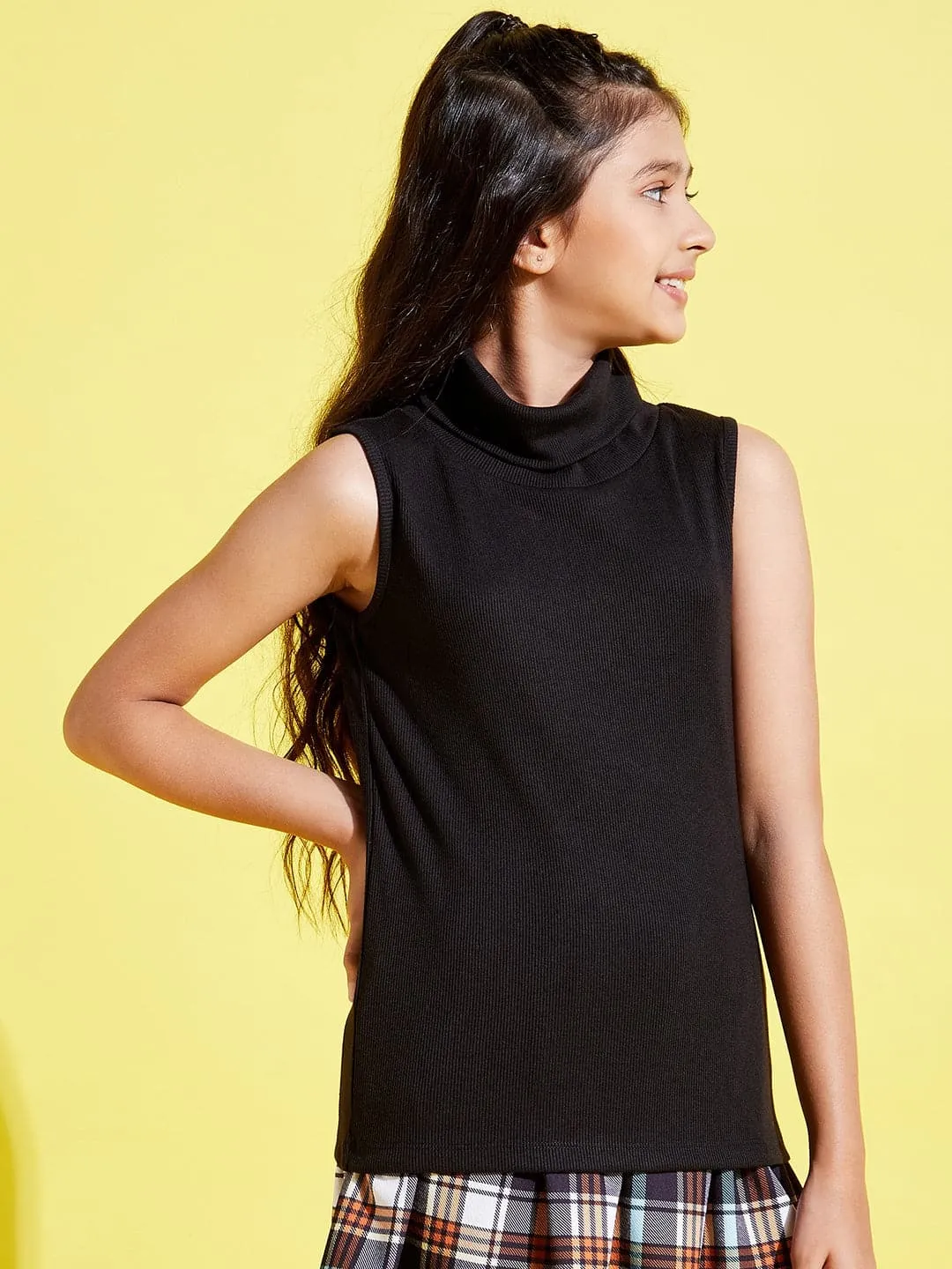 Girls Black Sleeveless High Neck Rib Top - Lyush Kids