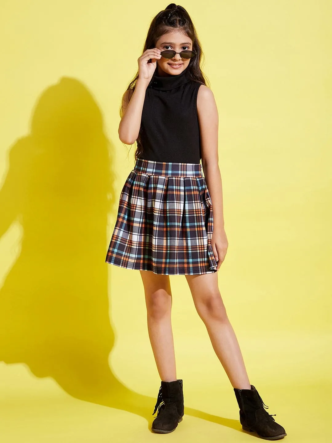 Girls Black Sleeveless High Neck Rib Top - Lyush Kids