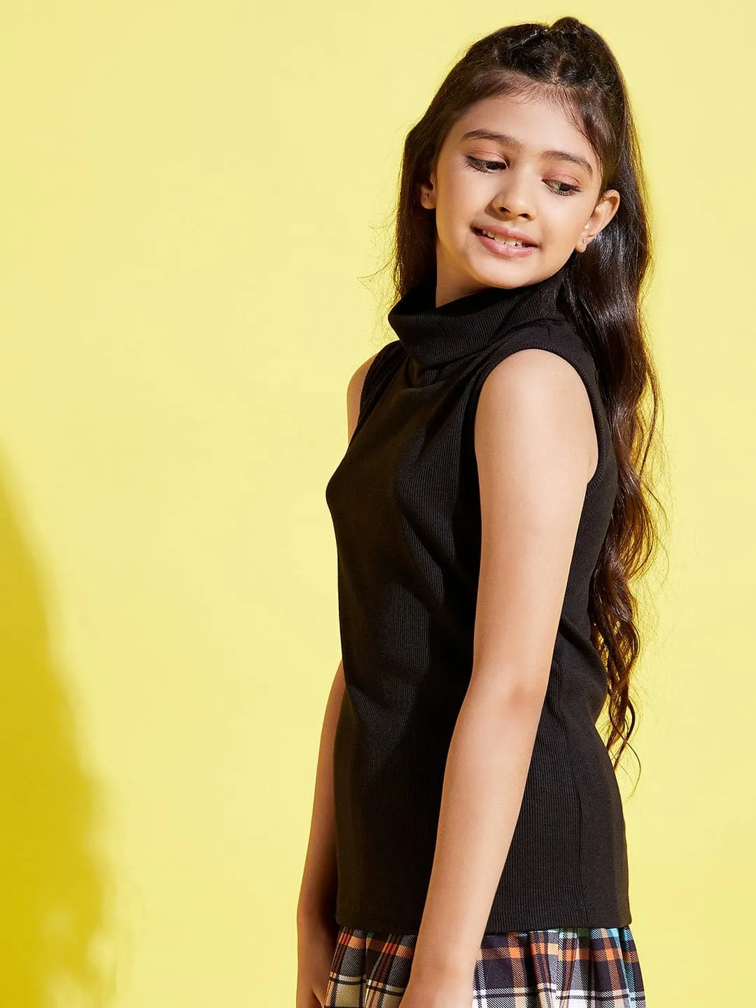 Girls Black Sleeveless High Neck Rib Top - Lyush Kids