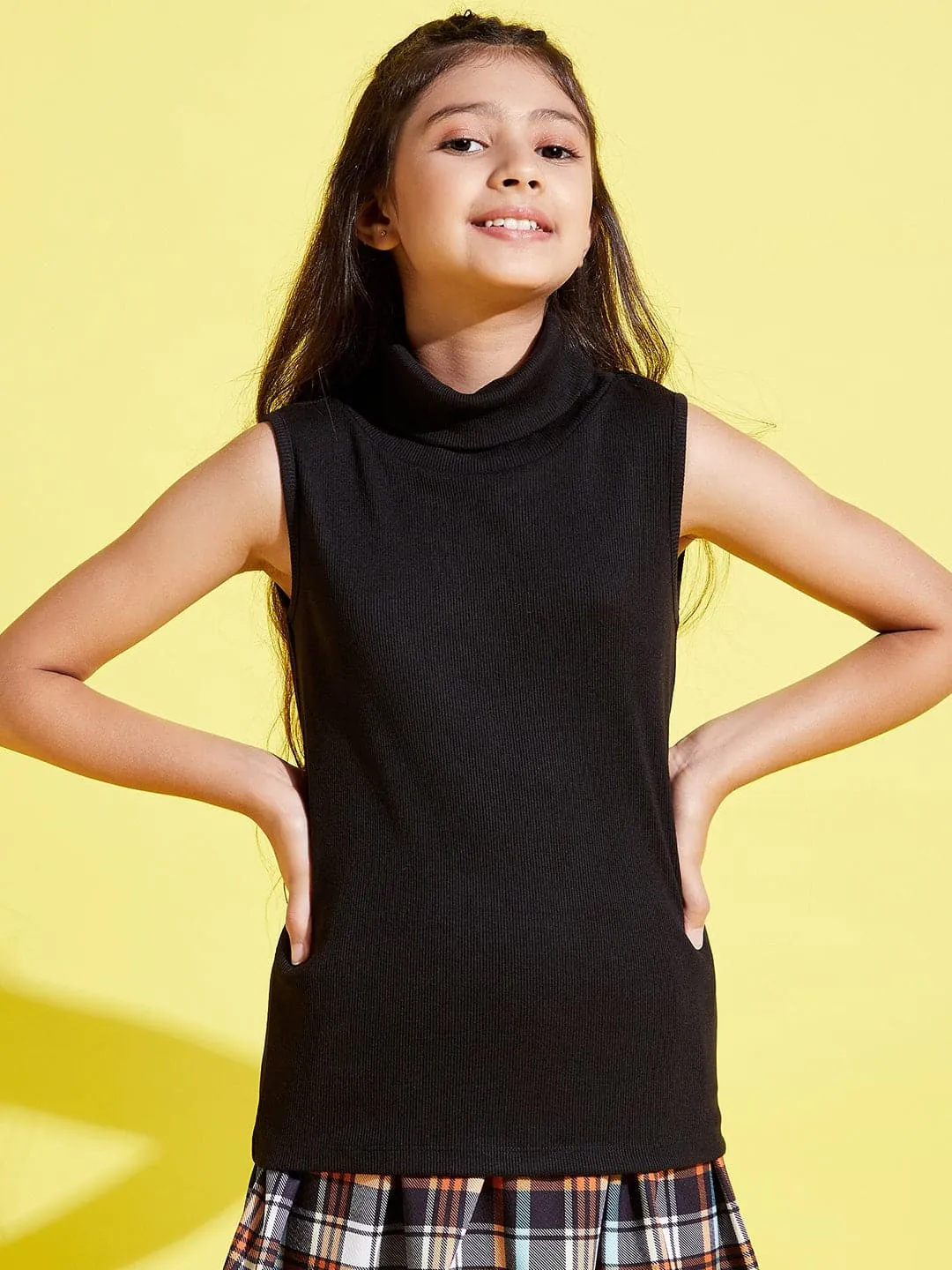 Girls Black Sleeveless High Neck Rib Top - Lyush Kids