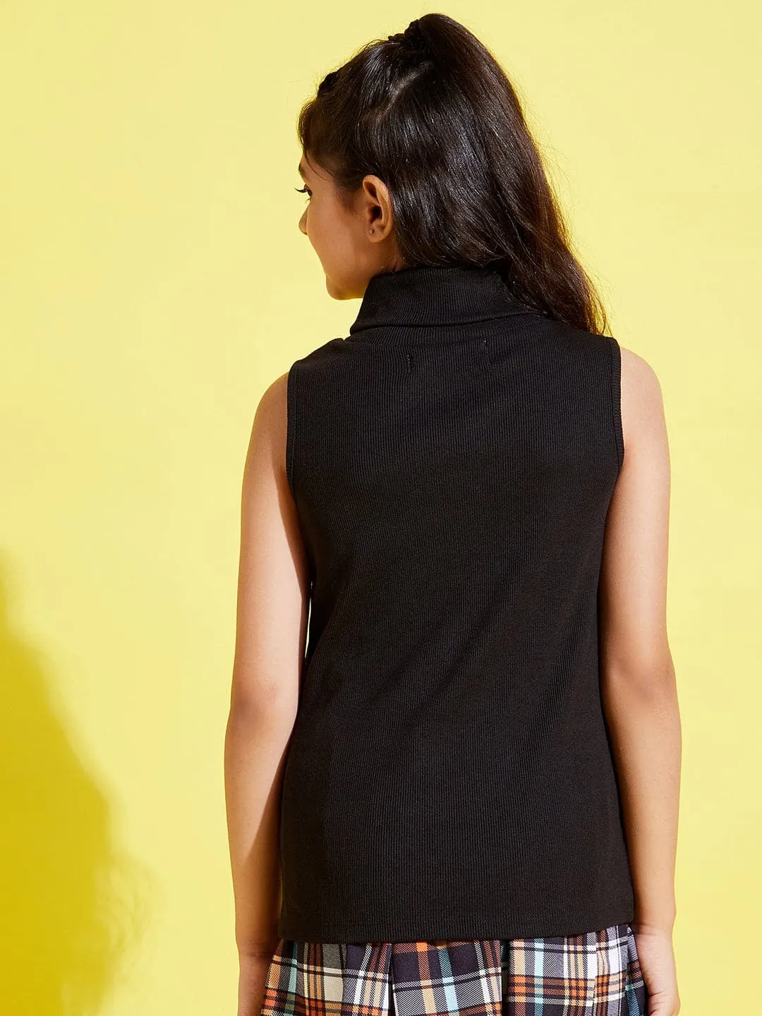 Girls Black Sleeveless High Neck Rib Top - Lyush Kids