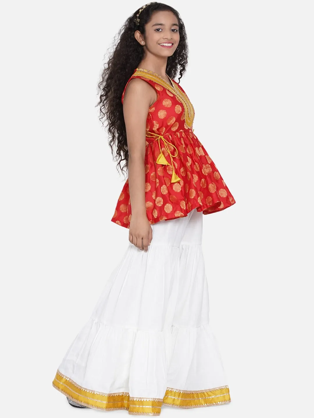 Girl's Red Ethnic Motifs Empire Gotta Patti Kurta with Sharara - NOZ2TOZ KIDS