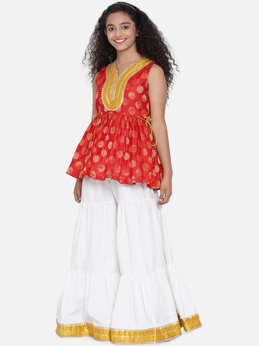 Girl's Red Ethnic Motifs Empire Gotta Patti Kurta with Sharara - NOZ2TOZ KIDS