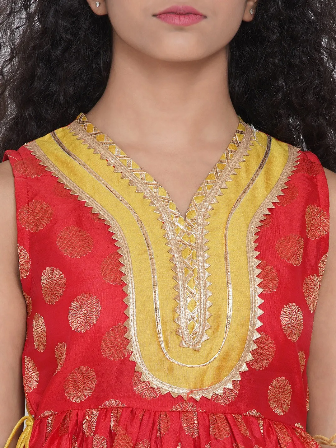Girl's Red Ethnic Motifs Empire Gotta Patti Kurta with Sharara - NOZ2TOZ KIDS