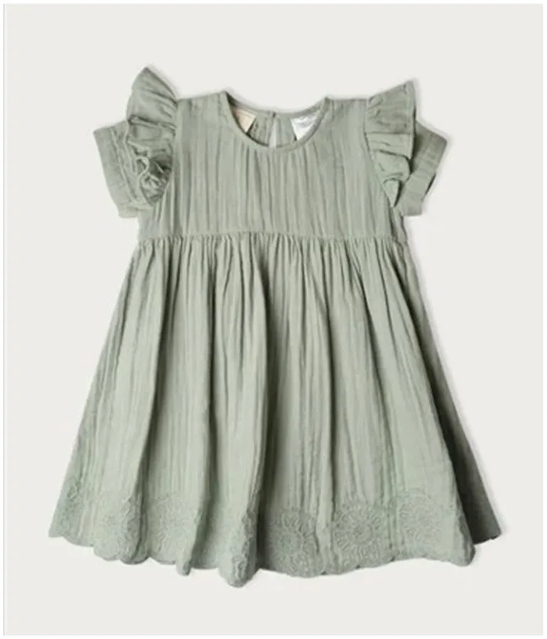 Girl's Short-sleeved Muslin Charlotte Dress - Matcha