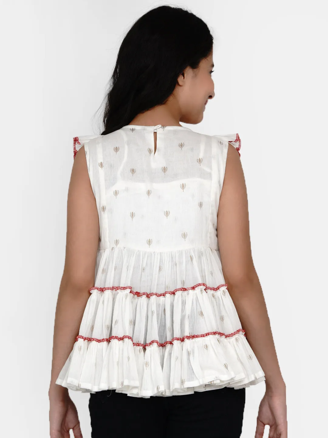 Girls White & Red Geometric Tiered Top