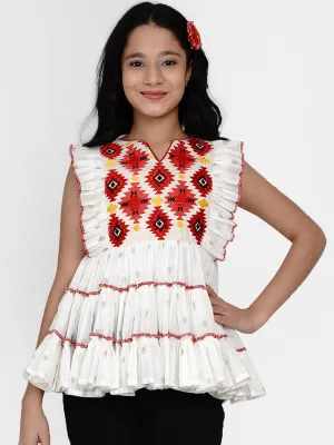 Girls White & Red Geometric Tiered Top
