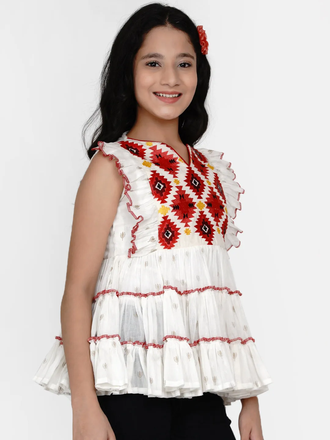 Girls White & Red Geometric Tiered Top