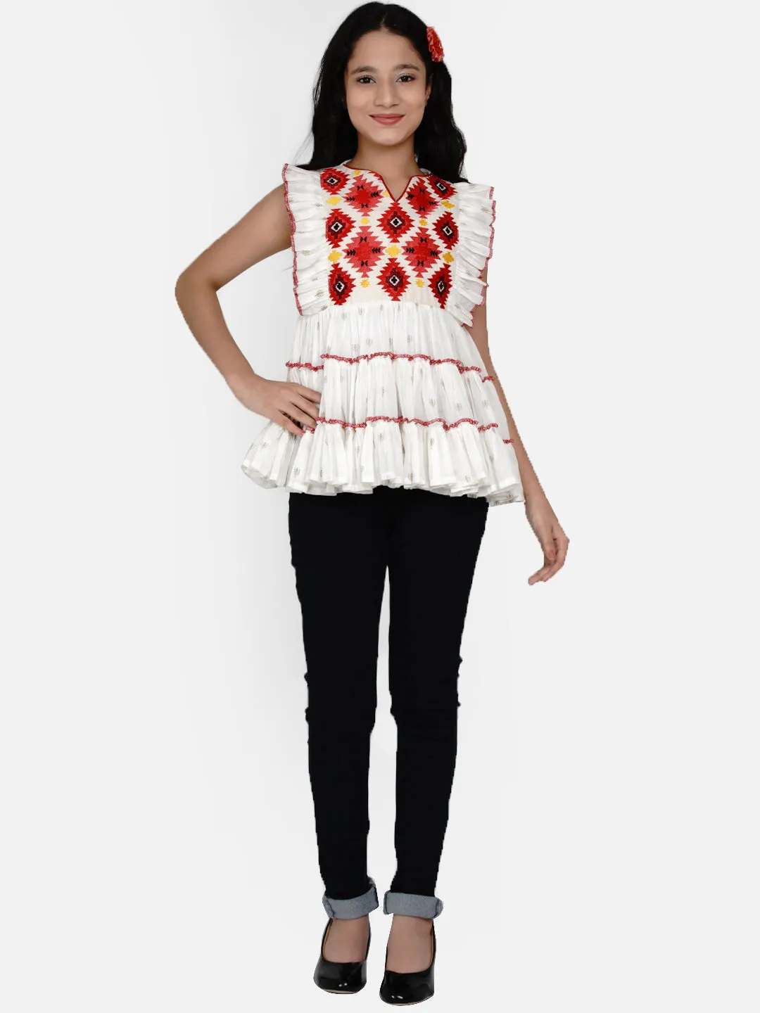 Girls White & Red Geometric Tiered Top