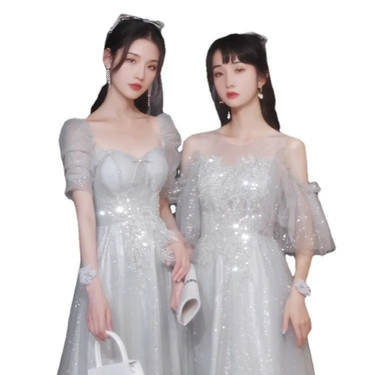 Gray Bridesmaid Pick-up Sisters Group Graduation Evening Dress