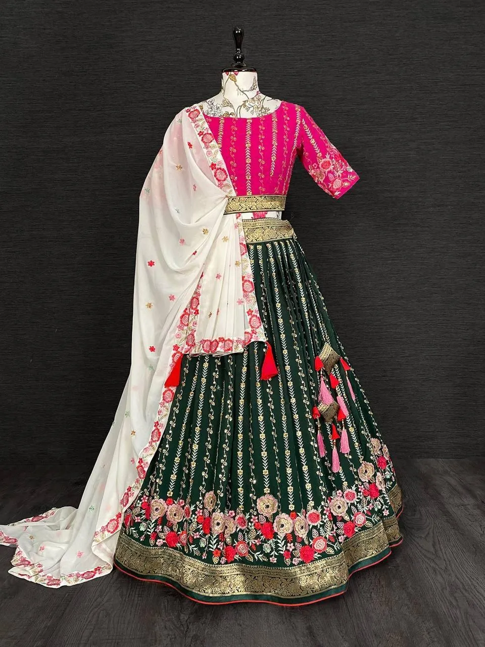 Green And Pink Georgette Embroidery Lehenga Choli