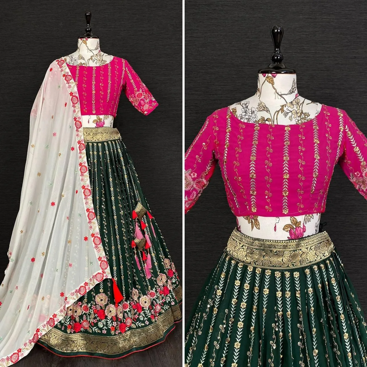 Green And Pink Georgette Embroidery Lehenga Choli