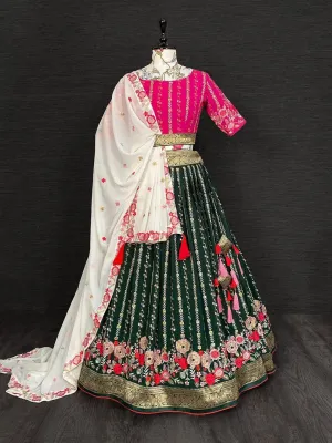 Green And Pink Georgette Embroidery Lehenga Choli
