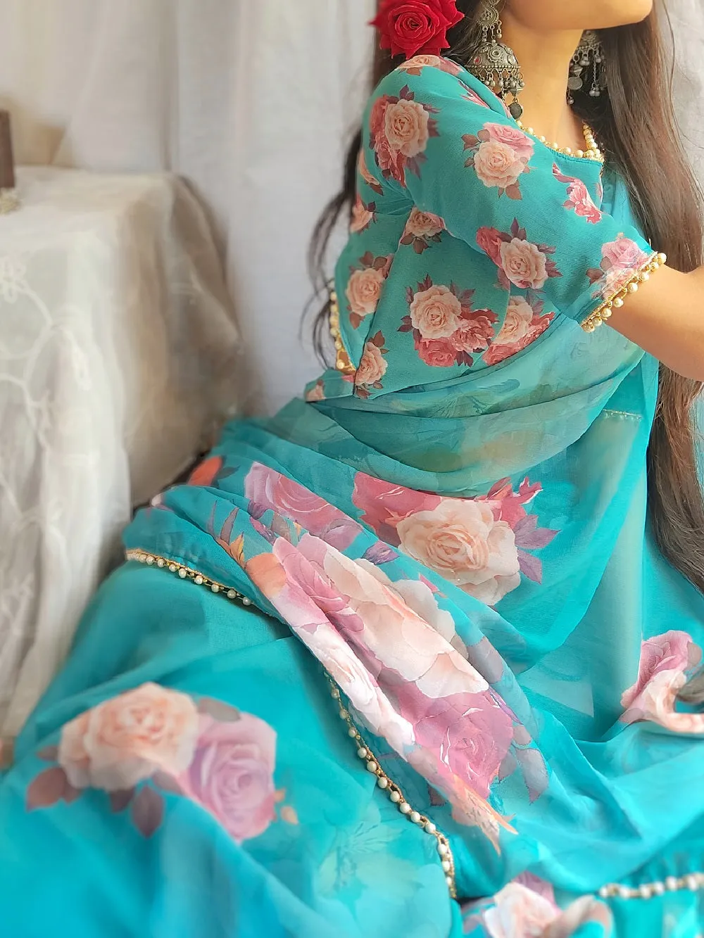 Green Color Printed With Pearl Lace Border Georgette Saree
