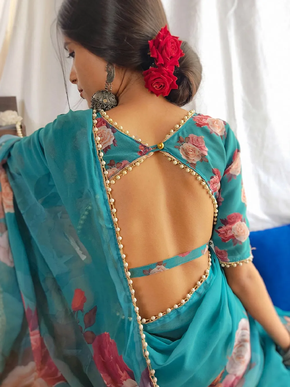 Green Color Printed With Pearl Lace Border Georgette Saree