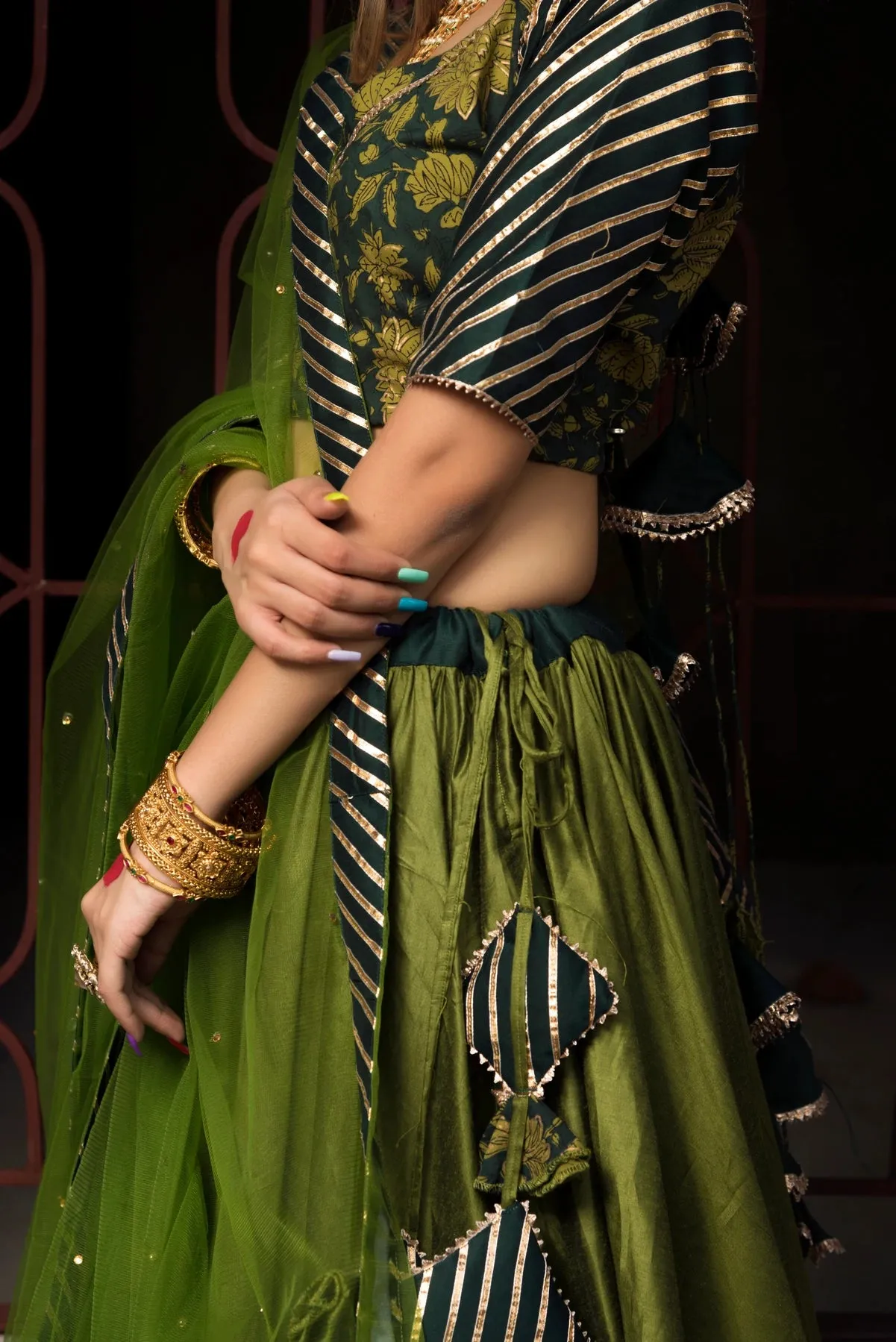 Green Cotton Silk Lehenga Set with Organza Dupatta