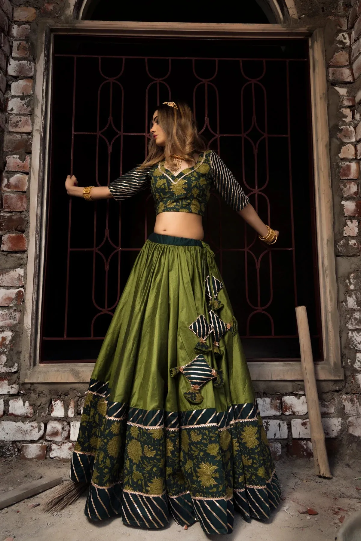 Green Cotton Silk Lehenga Set with Organza Dupatta