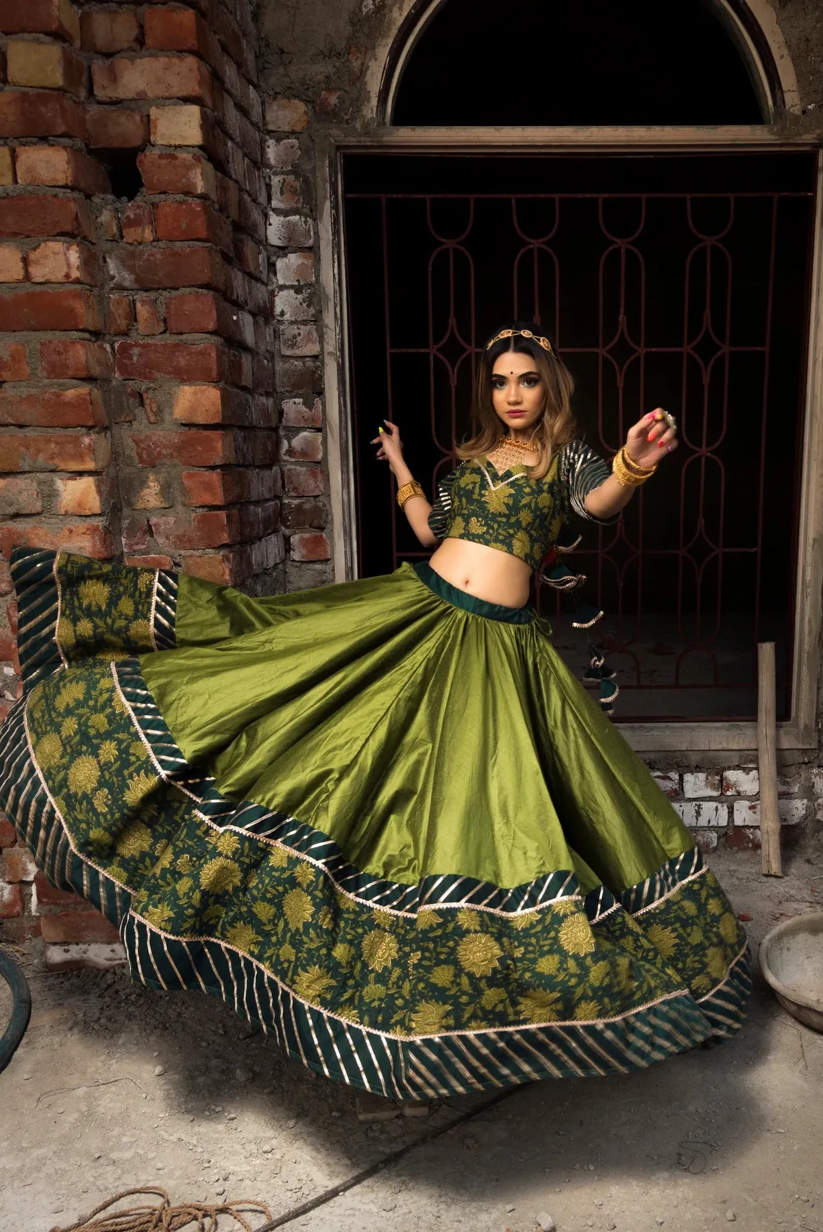 Green Cotton Silk Lehenga Set with Organza Dupatta