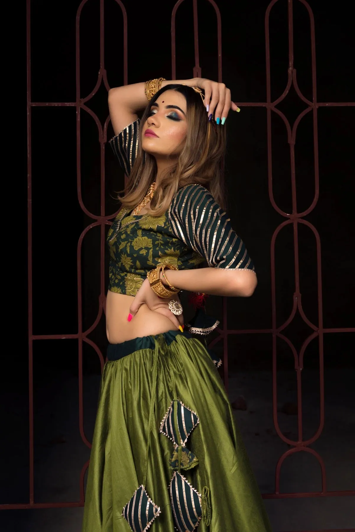 Green Cotton Silk Lehenga Set with Organza Dupatta