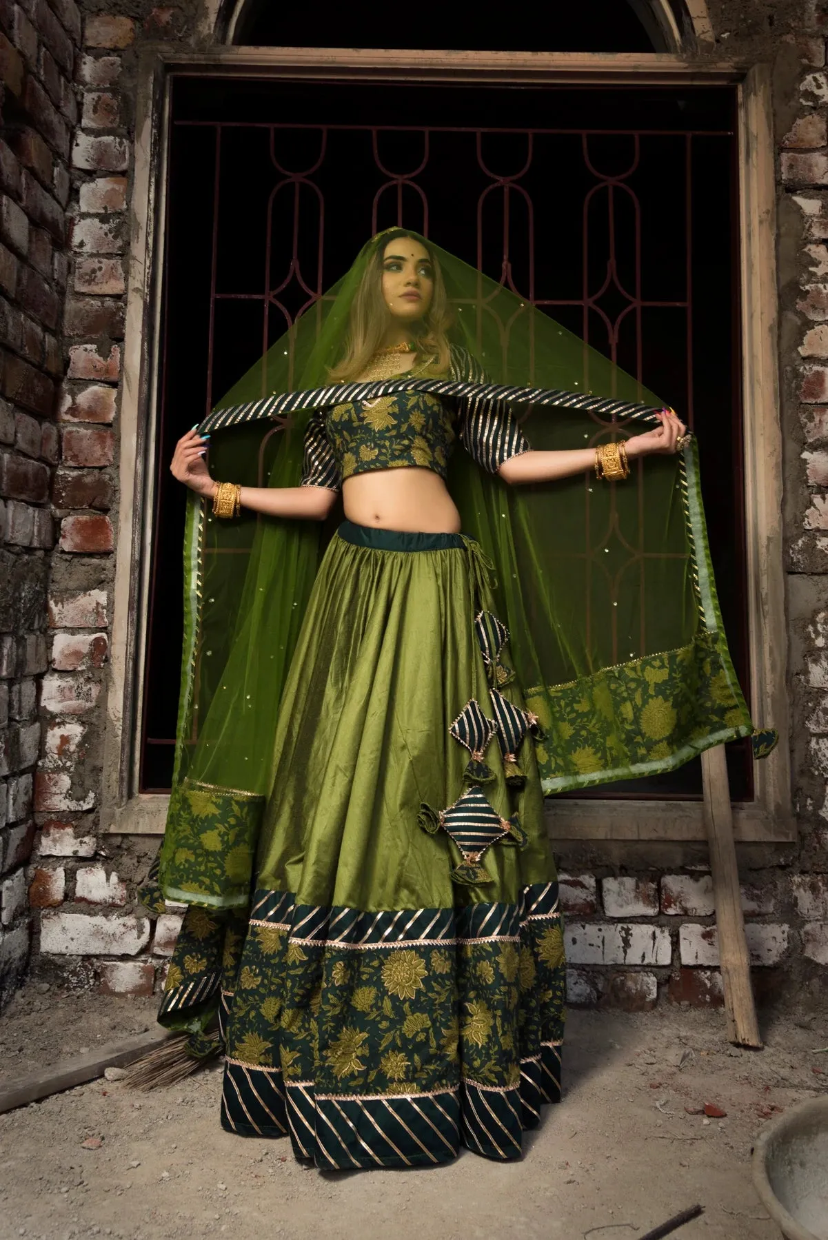 Green Cotton Silk Lehenga Set with Organza Dupatta