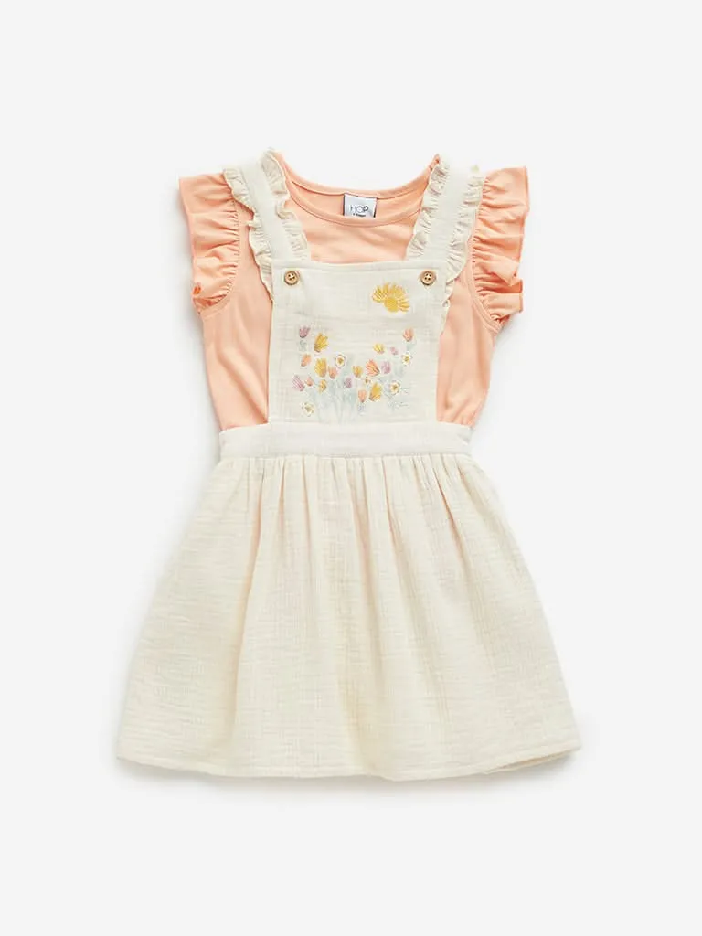 HOP Kids Off-White Embroidered Pinafore and T-Shirt Set