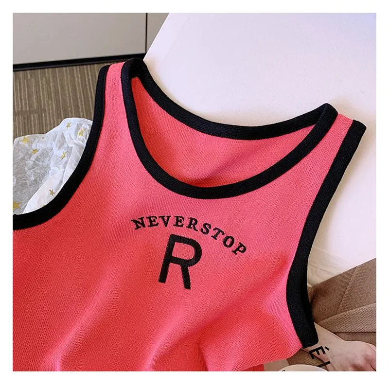 Knitted Cropped Letter Sleeveless French Style Silky Tank Top