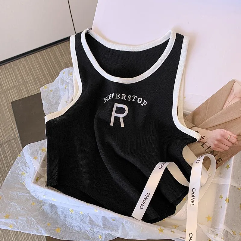 Knitted Cropped Letter Sleeveless French Style Silky Tank Top