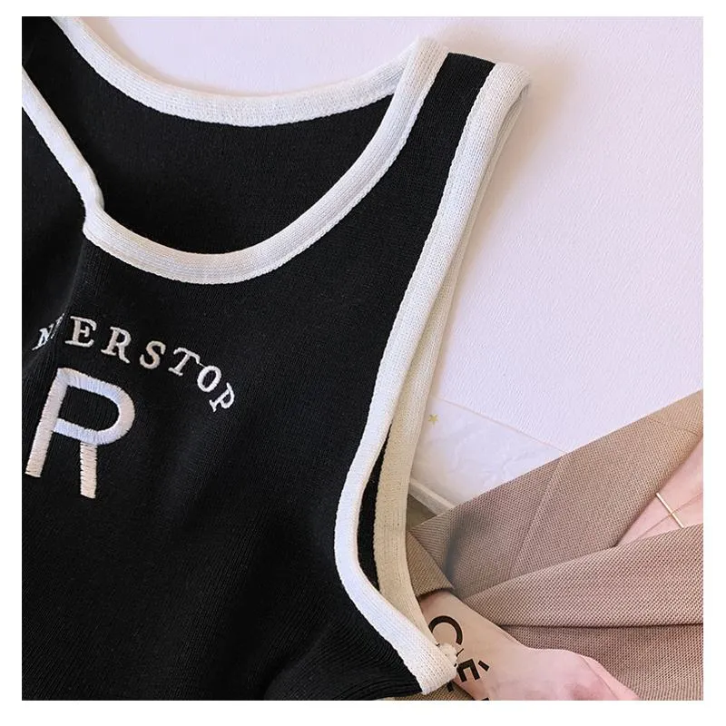 Knitted Cropped Letter Sleeveless French Style Silky Tank Top