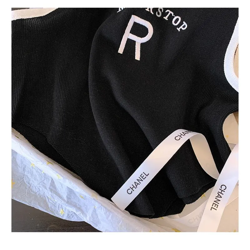 Knitted Cropped Letter Sleeveless French Style Silky Tank Top
