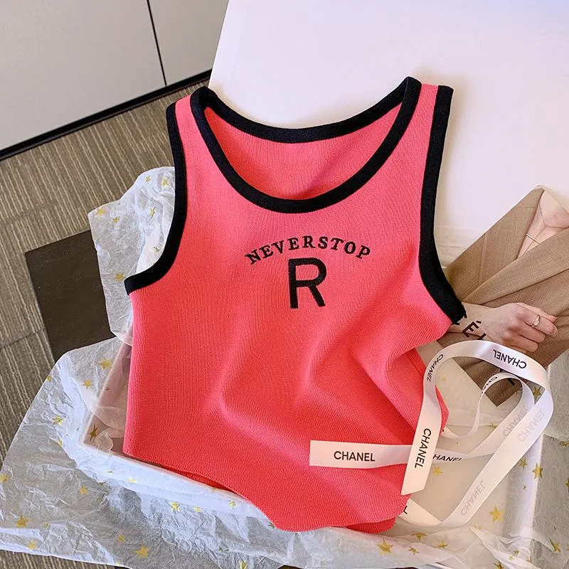 Knitted Cropped Letter Sleeveless French Style Silky Tank Top