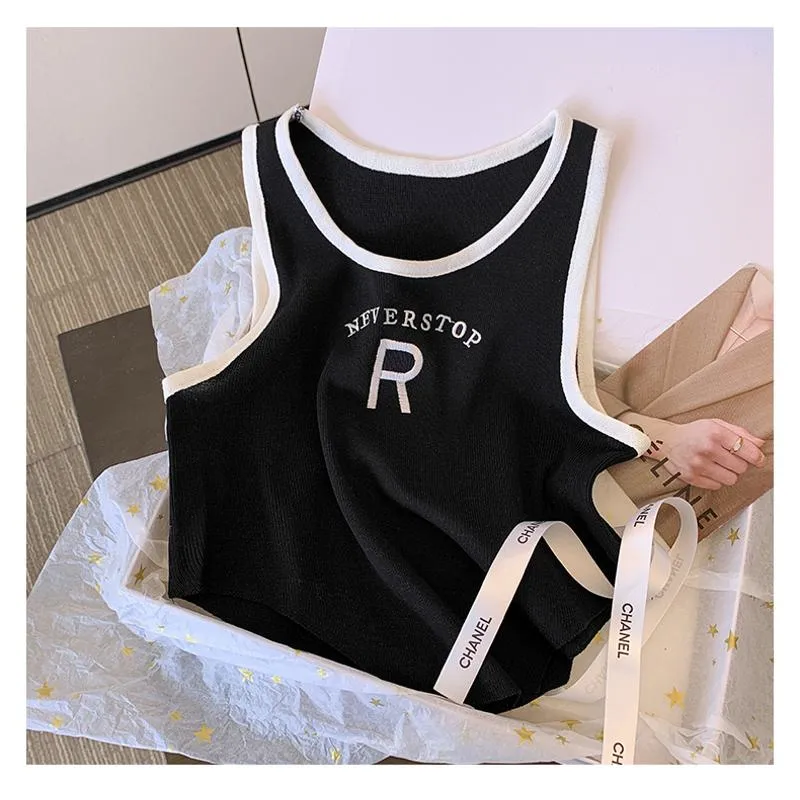 Knitted Cropped Letter Sleeveless French Style Silky Tank Top