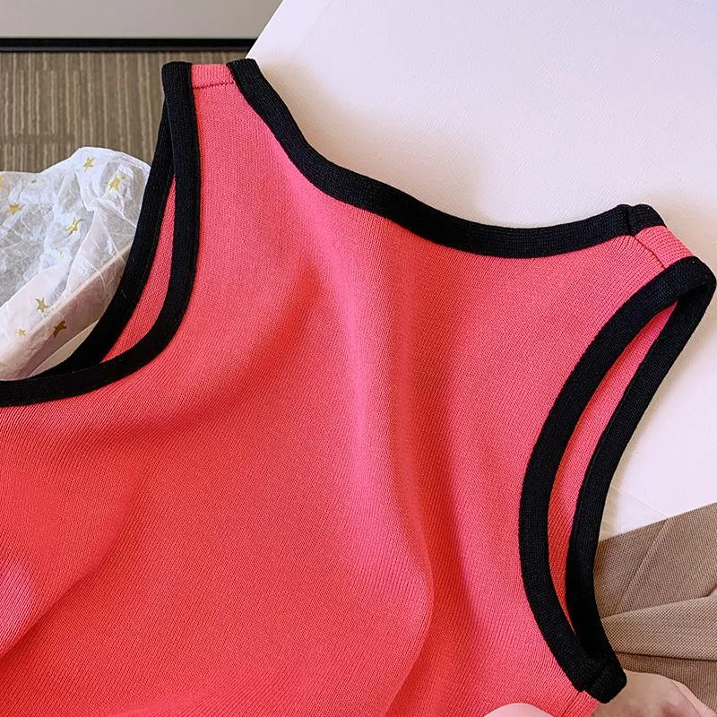 Knitted Cropped Letter Sleeveless French Style Silky Tank Top