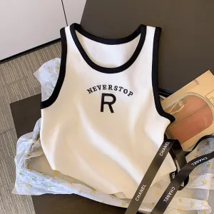 Knitted Cropped Letter Sleeveless French Style Silky Tank Top