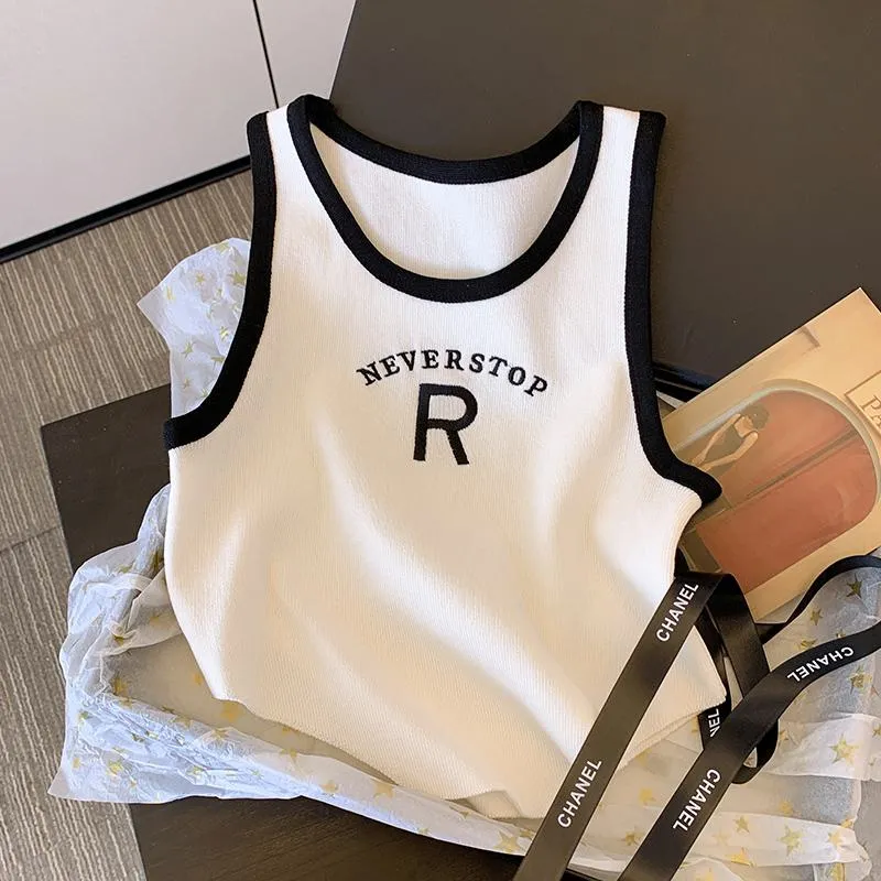 Knitted Cropped Letter Sleeveless French Style Silky Tank Top