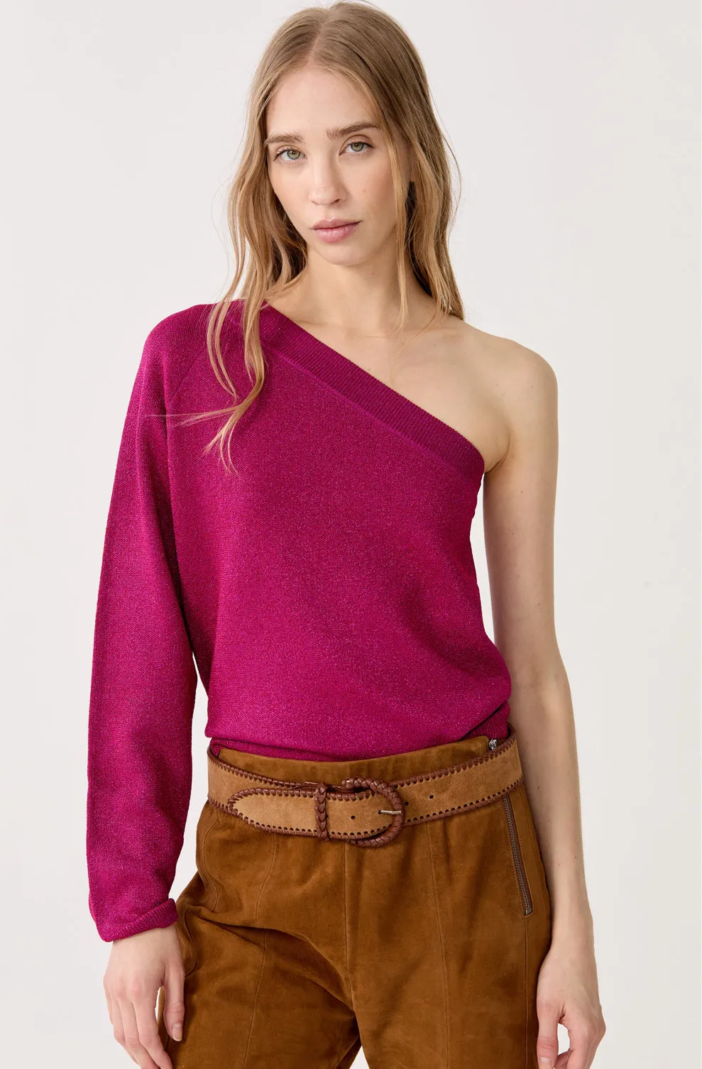 La1706 One Shoulder Glitter Knit Top
