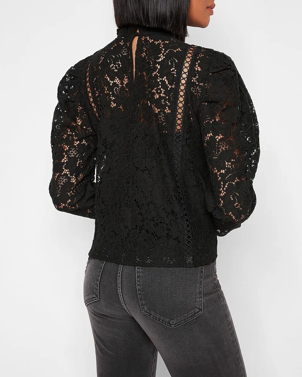 Lace Puff Sleeve Top in Pitch Black
