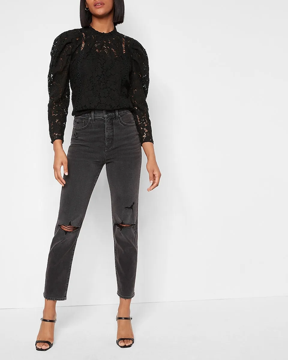 Lace Puff Sleeve Top in Pitch Black