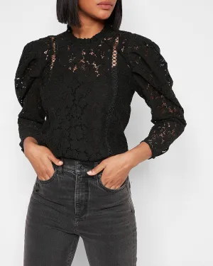Lace Puff Sleeve Top in Pitch Black