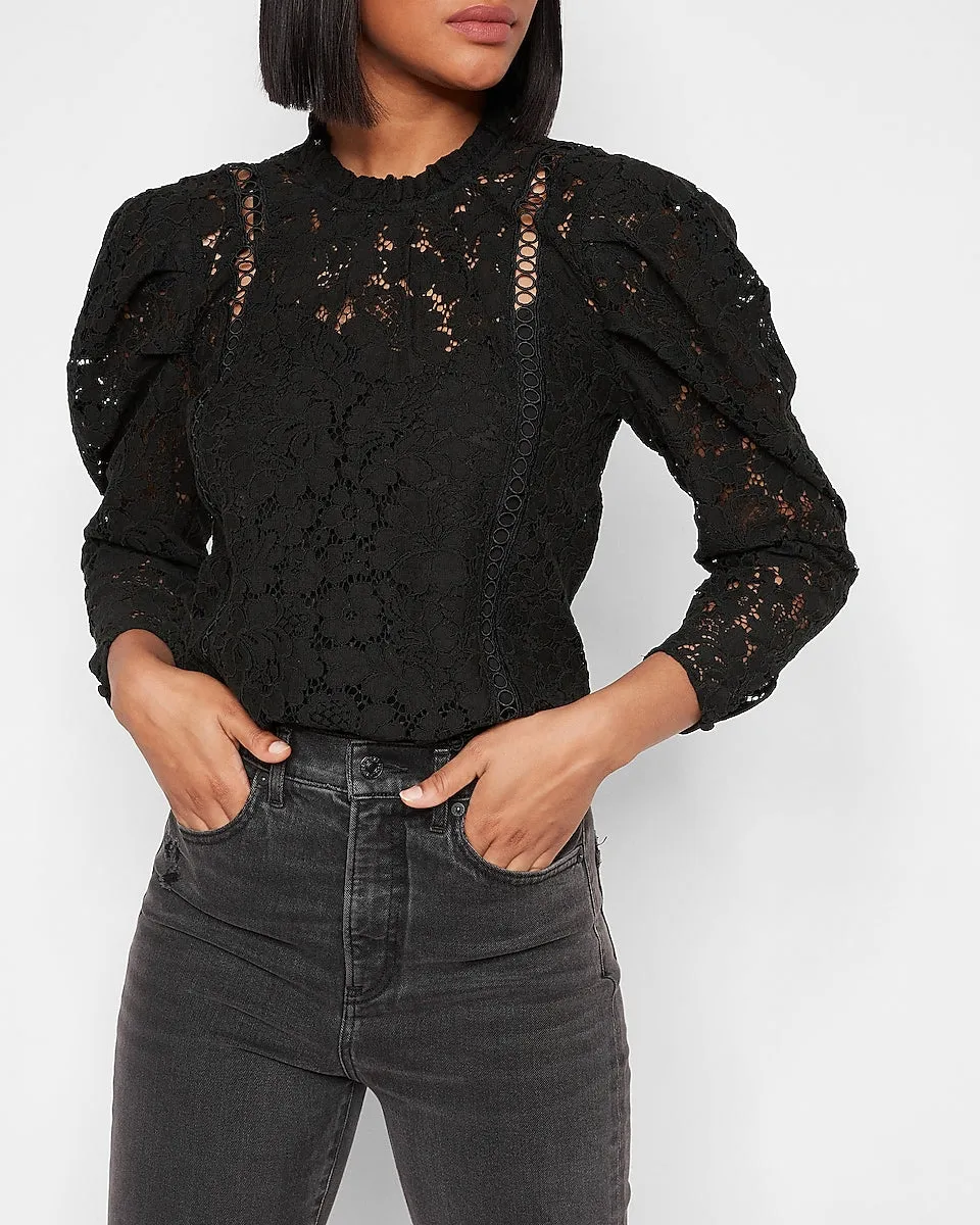 Lace Puff Sleeve Top in Pitch Black