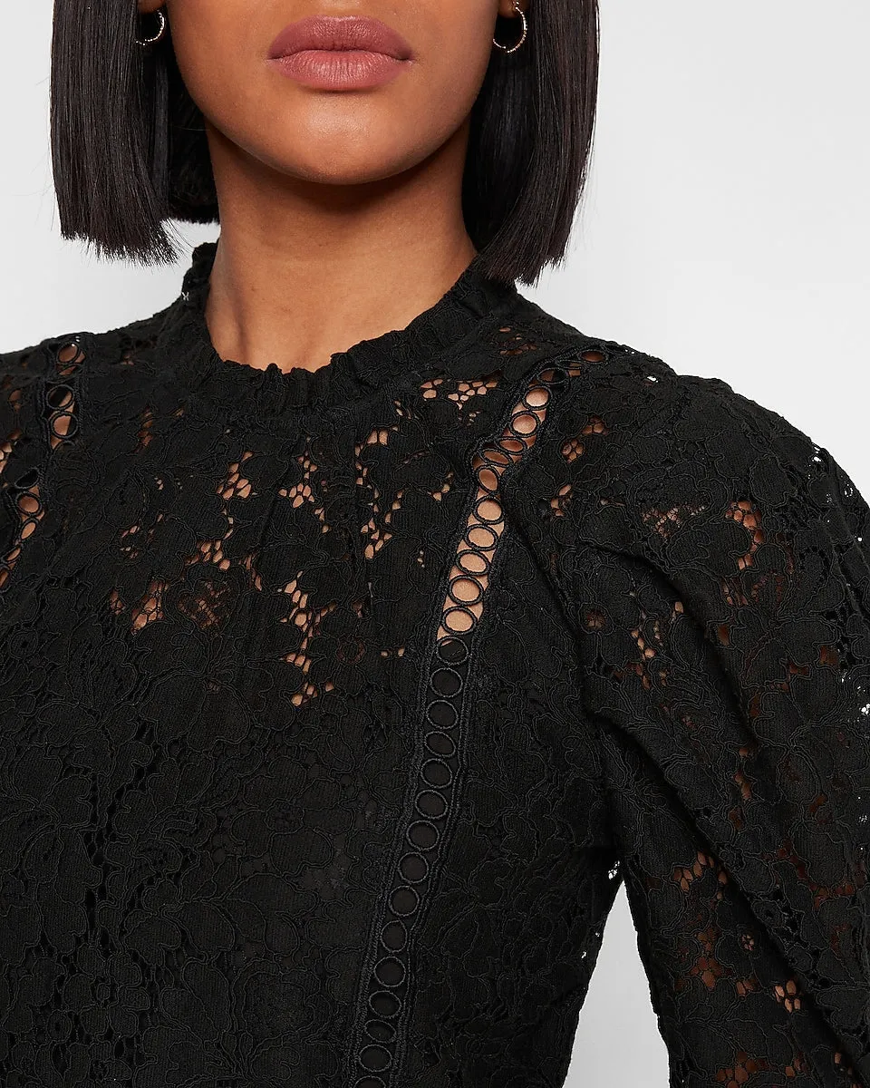 Lace Puff Sleeve Top in Pitch Black